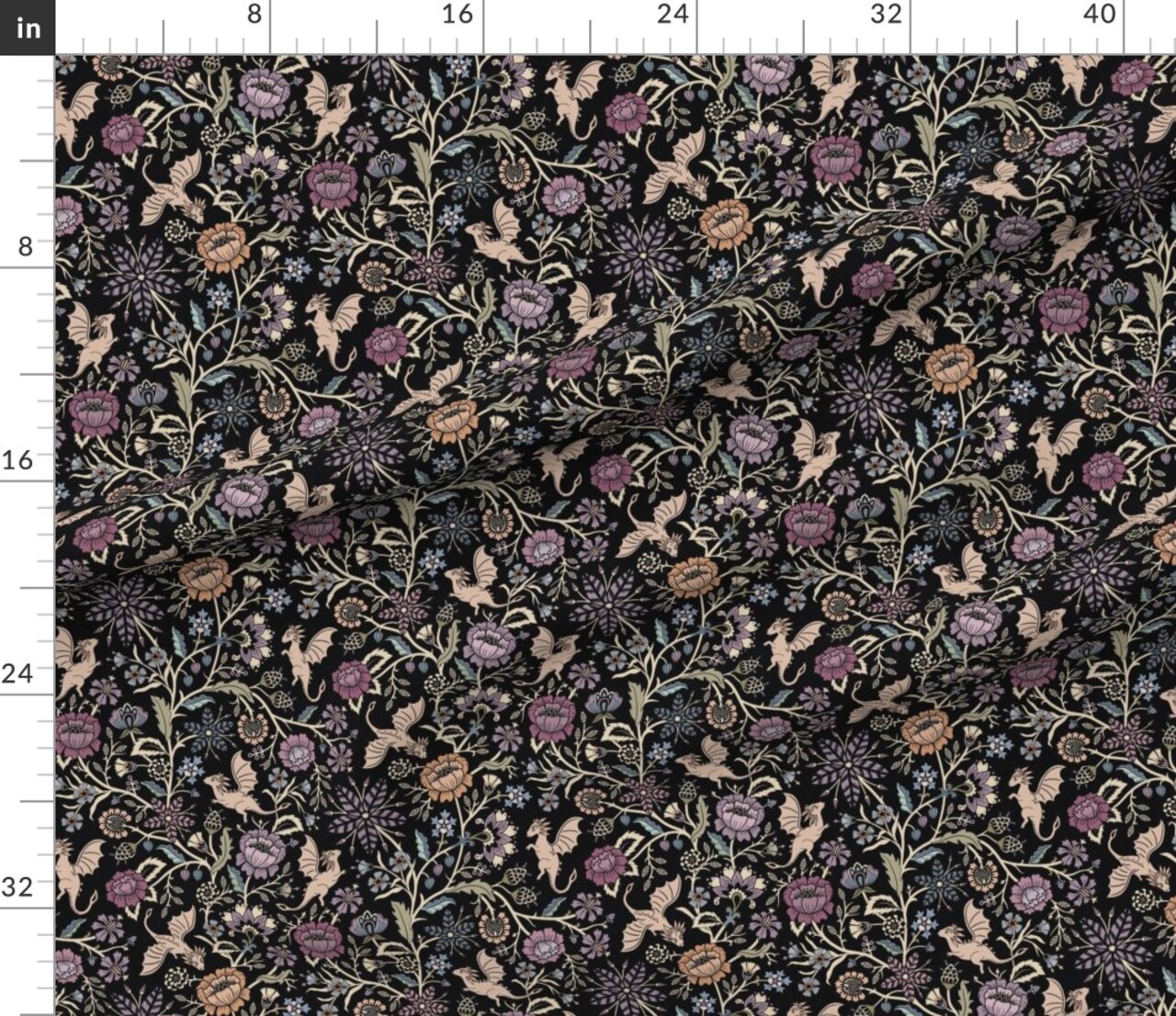 Fantasy Floral Fairy Tale Gothic Black Purple Traditional Floral Victorian Arts And Crafts Custom Printed Fabric by Spoonflower Various Fabrics by the Yard or Fat Quarter